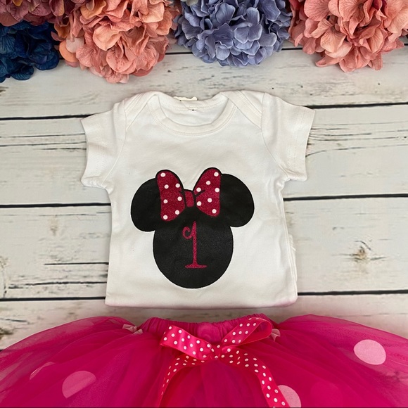1st Birthday Outfit Matching Onesie Pink Tulle Skirt and Headband - Picture 6 of 16